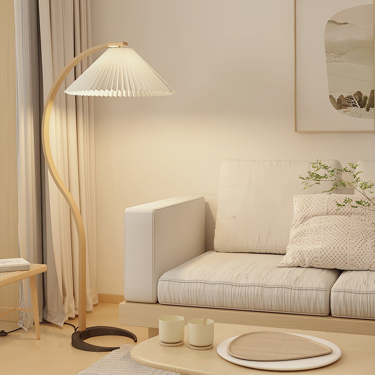 Lampadaire Trépied Bois Blond & Lin