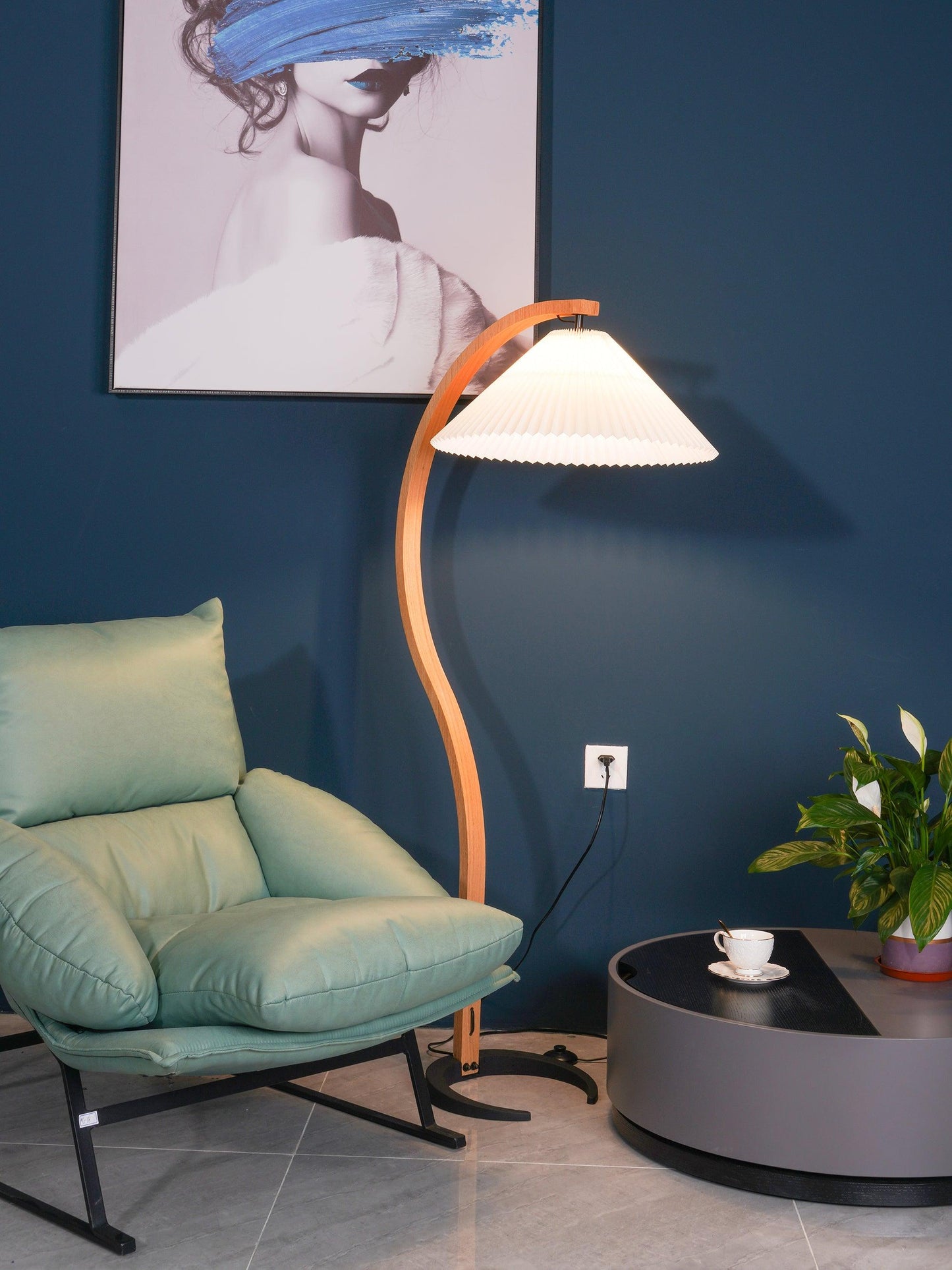 Lampadaire Trépied Bois Blond & Lin