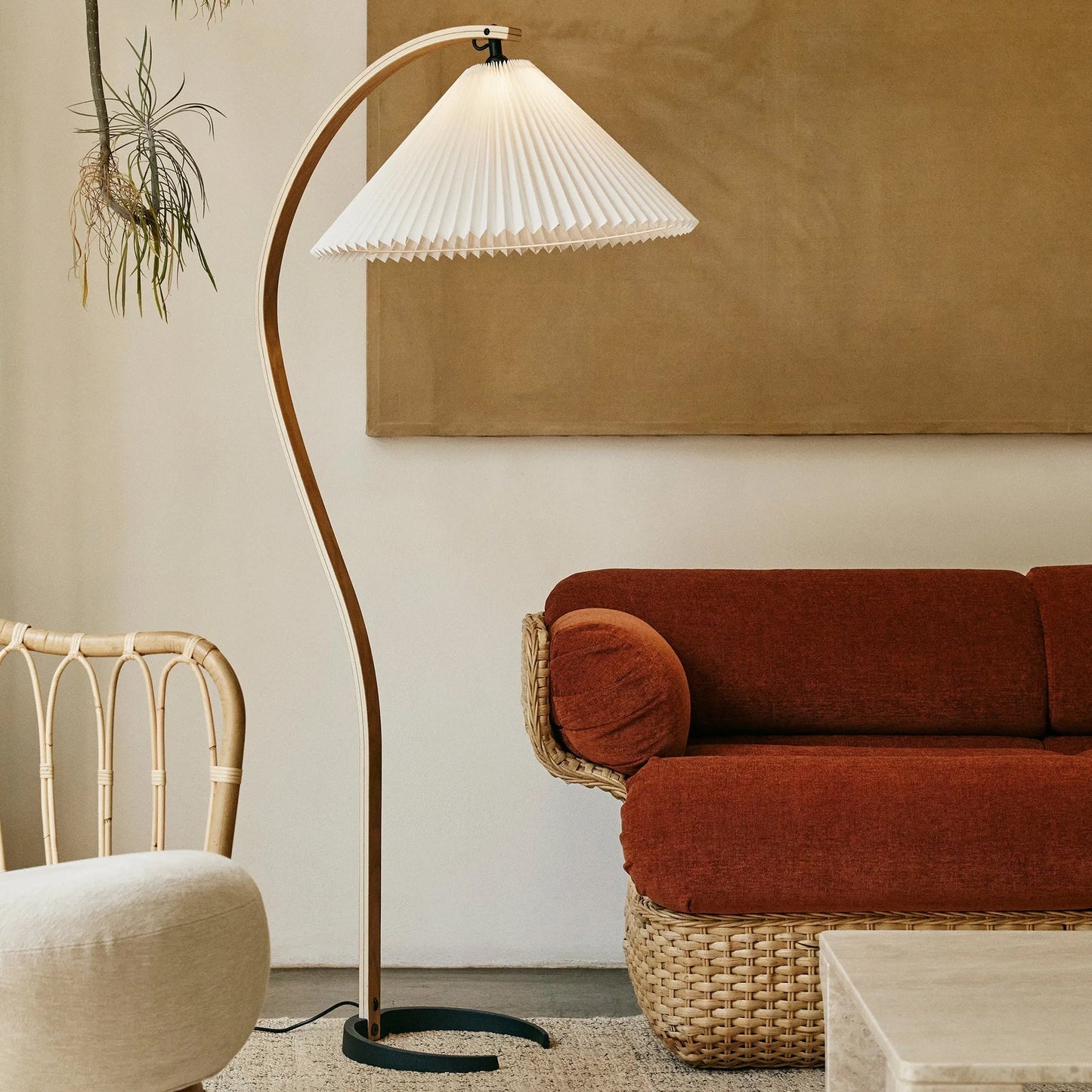 Lampadaire Trépied Bois Blond & Lin